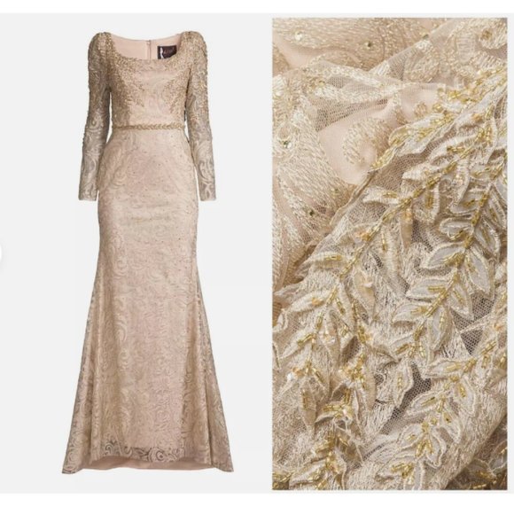 MAC DUGGAL 11187 EMBROIDERED APPLIQUE SHOULDER TRUMPET LIGHT GOLD GOWN sz 6 - Picture 4 of 6